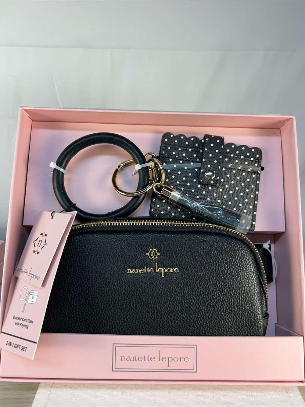 Nanette Lepore Black Pebbled Wristlet and Polka Dot Card Case Set belt bag